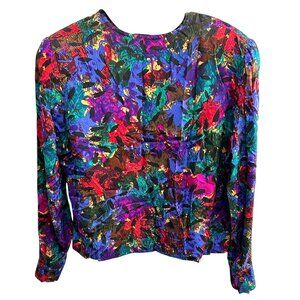 Vintage Multicolor Floral Long Sleeve Blouse Matching Scarf Set Handmade